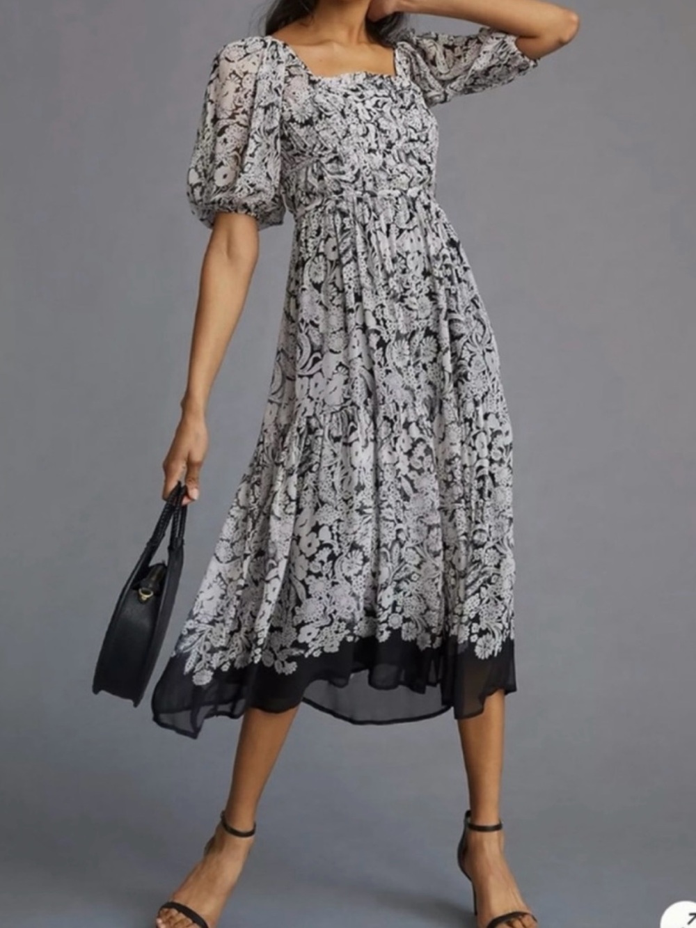 Anthropologie Square-Neck Puff Sleeve Smocked Floral Midi Dress